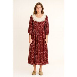 vintage 80s COTTAGECORE HOLIDAY dress midi lace bib floral prairie 3/4 sleeve L